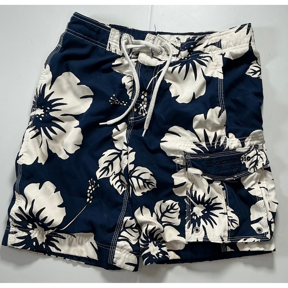 VTG‎ Y2K Abercrombie Swim Trunks Navy Hibiscus Floral Cargo Board Shorts Mens L